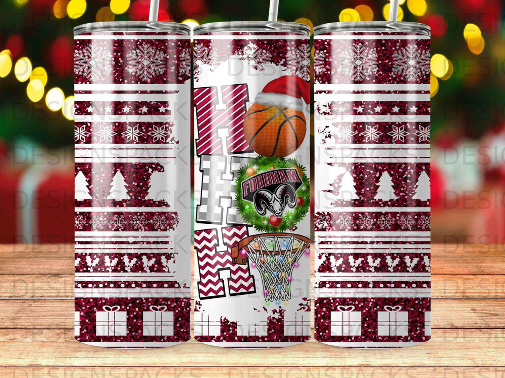 Christmas tumbler with basketball, rams logo, and snowflake pattern.