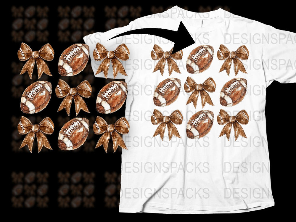 Football Pattern T-Shirt, Sports Fan Graphic Tee, Unique Footballs and Bows Design, Casual Wear