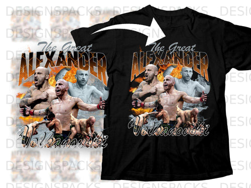 Black t-shirt with Alexander Volkanovski graphic and text 