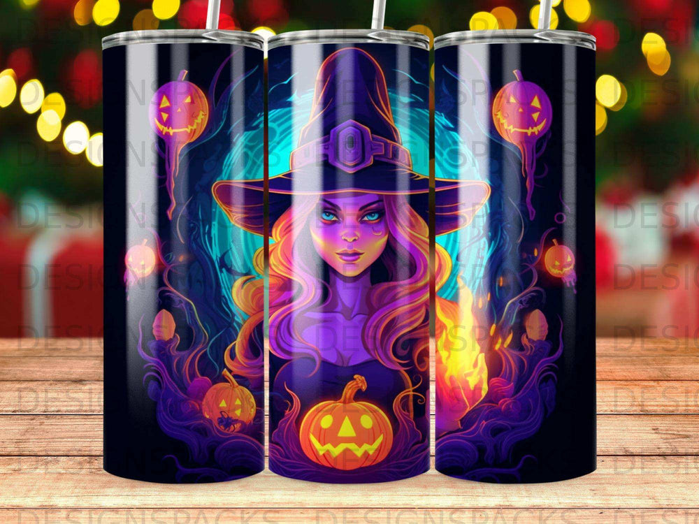 Witch with purple hair and glowing eyes, surrounded by pumpkins and fire.