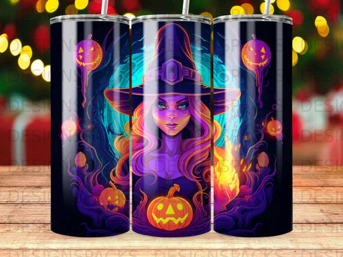 Witch with purple hair and glowing eyes, surrounded by pumpkins and fire.