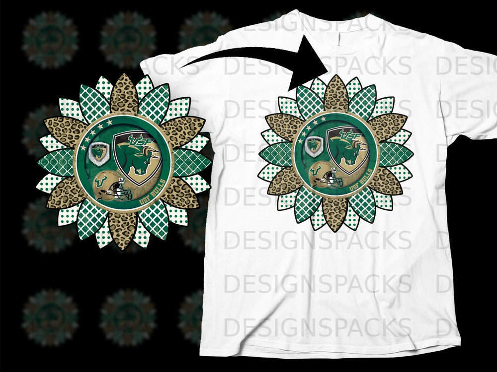 USF Bulls sunflower graphic with leopard and green checkered patterns.