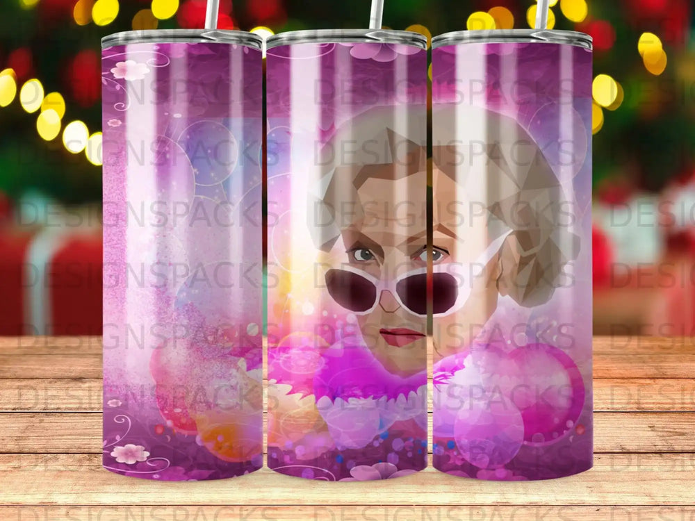 Pink floral tumbler with a woman wearing sunglasses on a blurred background.