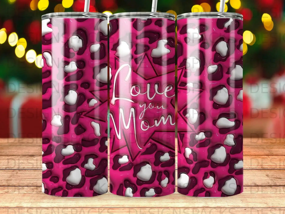 Pink leopard print tumbler with "Love You Mom" text.