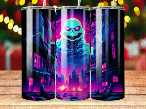 Glowing neon ghost above a futuristic cityscape at night.