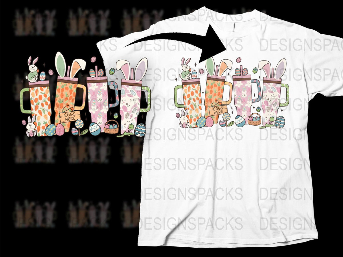 Easter Bunny Coffee Mug Graphic T-Shirt, Cute Spring Rabbits and Flowers, Pastel Colors, Casual Wear for All Ages