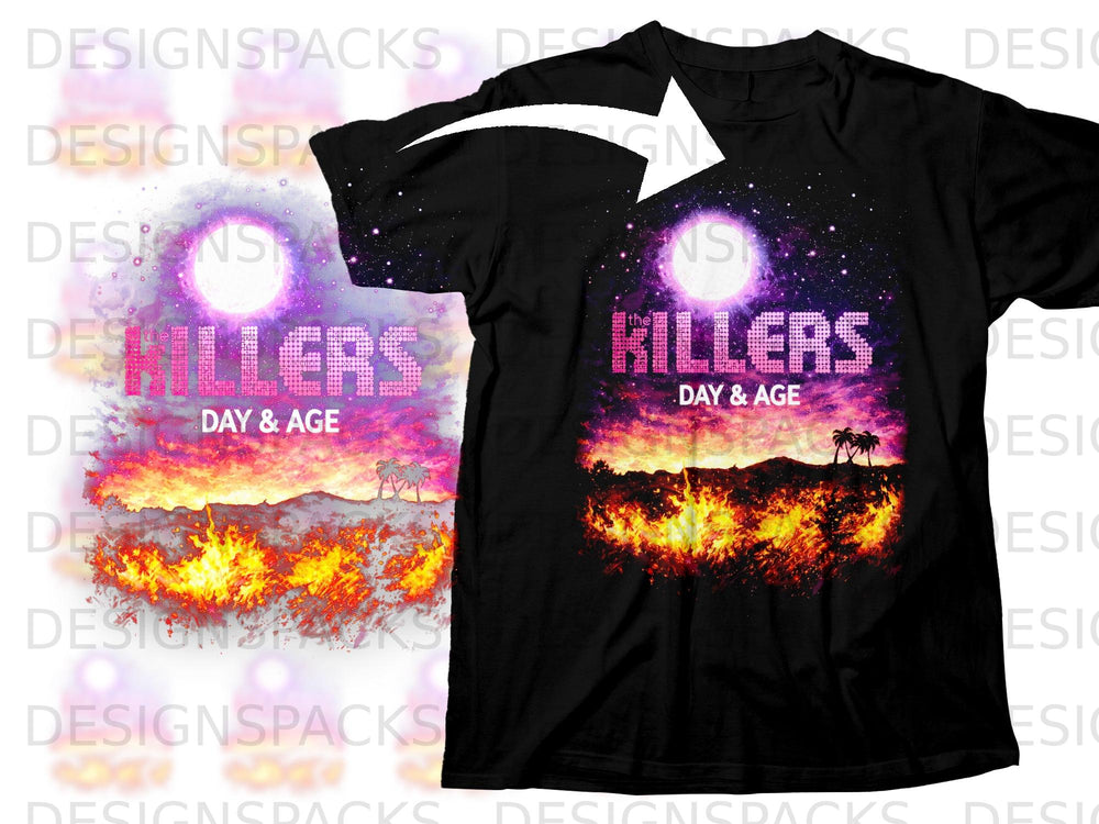 The Killers Day & Age t-shirt with a fiery landscape and starry sky design.
