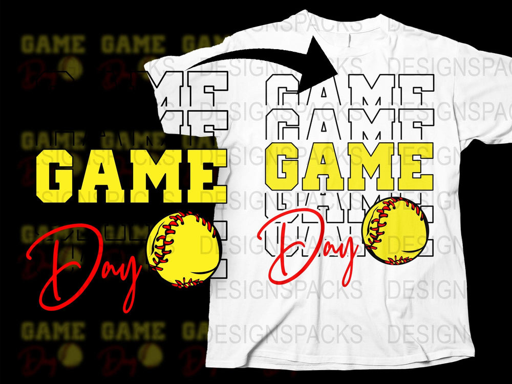Game Day Softball T-Shirt, Yellow Text Sporty Graphic Tee, Unisex Baseball Shirt Design, Casual Athletic Apparel
