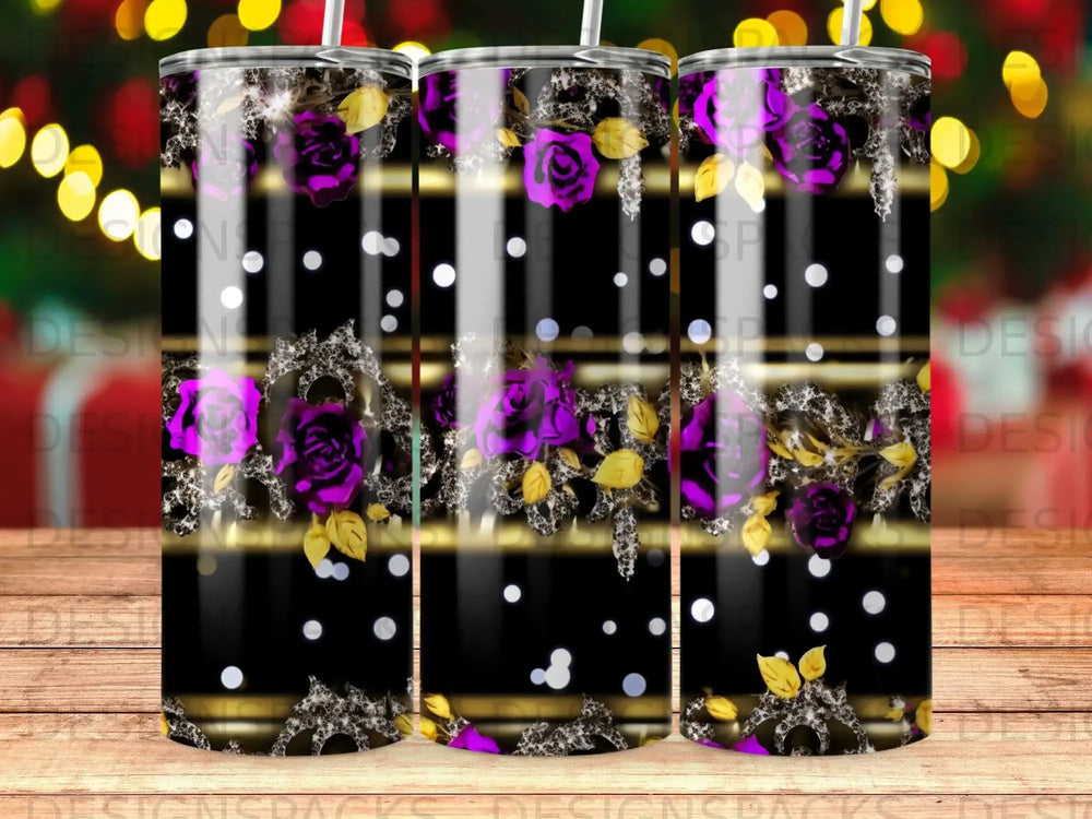 Black tumbler with purple roses and gold accents, white polka dots, and striped background.