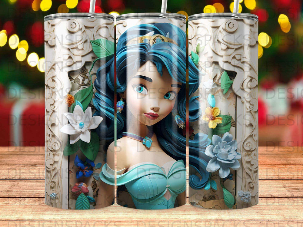Blue-haired princess with flowers and ornate white background.