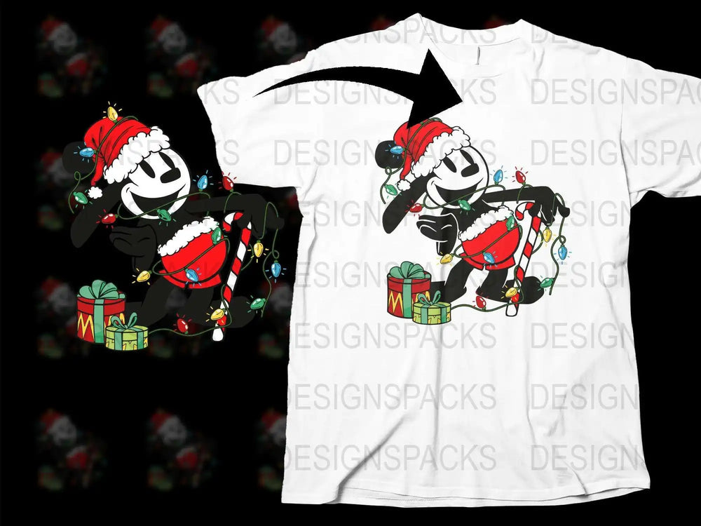 Men's White Christmas T-Shirt with Cartoon Santa and Gifts, Holiday Graphic Tee, Festive Winter Apparel