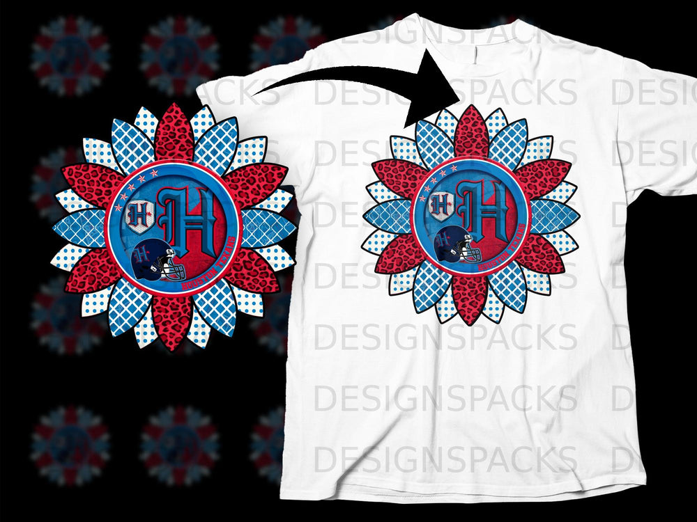 Sunflower design with "H" logo and football helmet on a white t-shirt.
