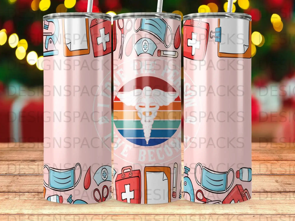 Healthcare themed tumbler with medical icons and a rainbow stethoscope design.