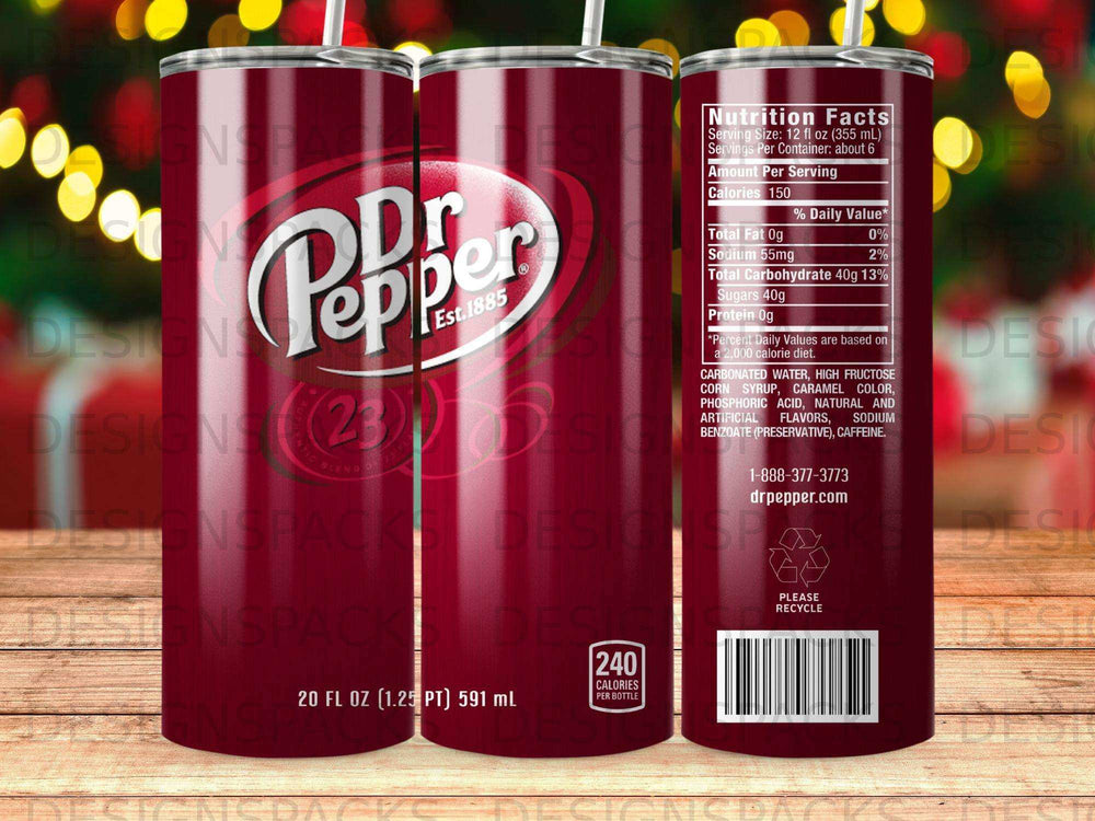 Dr Pepper can with nutrition facts label and barcode.