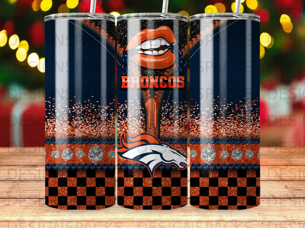 Denver Broncos tumbler with orange, blue, and black checkered pattern.