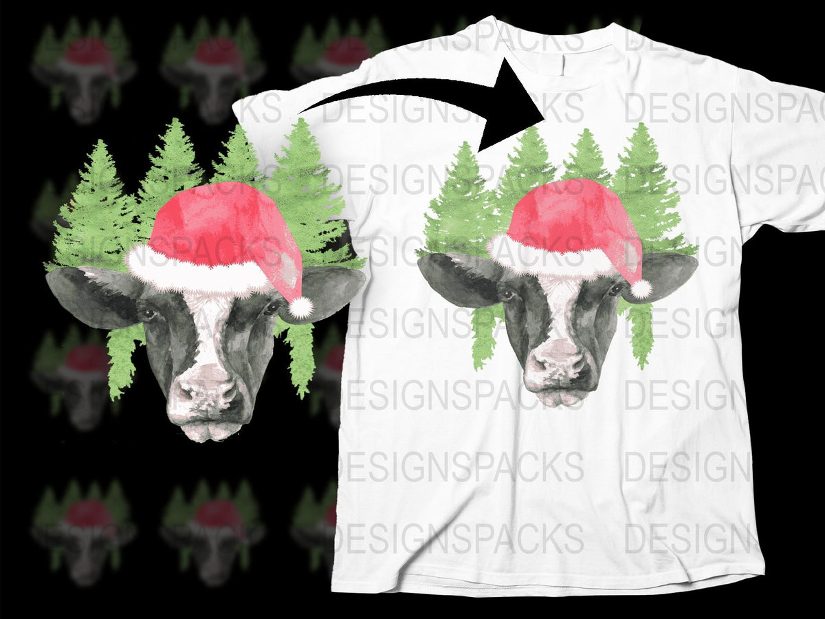Festive Cow T-Shirt with Red Santa Hat and Pine Trees, Holiday Animal Graphic Tee, Christmas Casual Apparel
