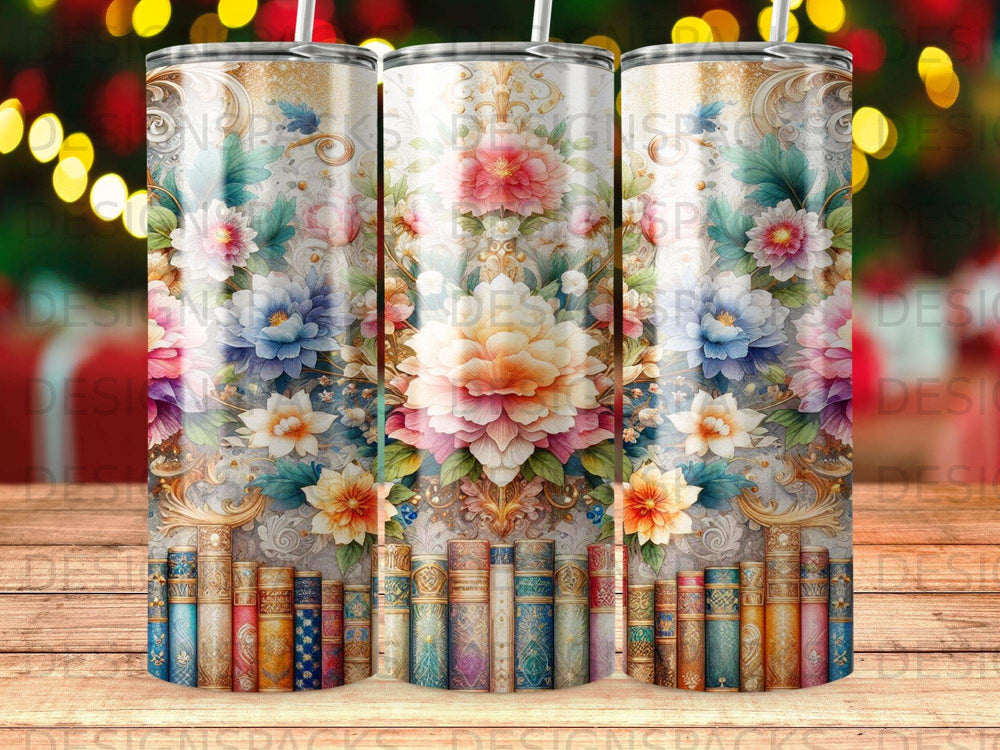 Floral and book pattern on a stainless steel tumbler with a bokeh background.