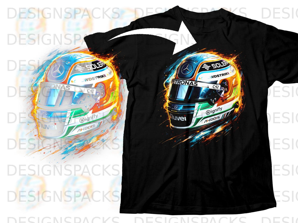 Black t-shirt featuring a detailed graphic of a racing helmet with "Petronas" and "Solera" logos.