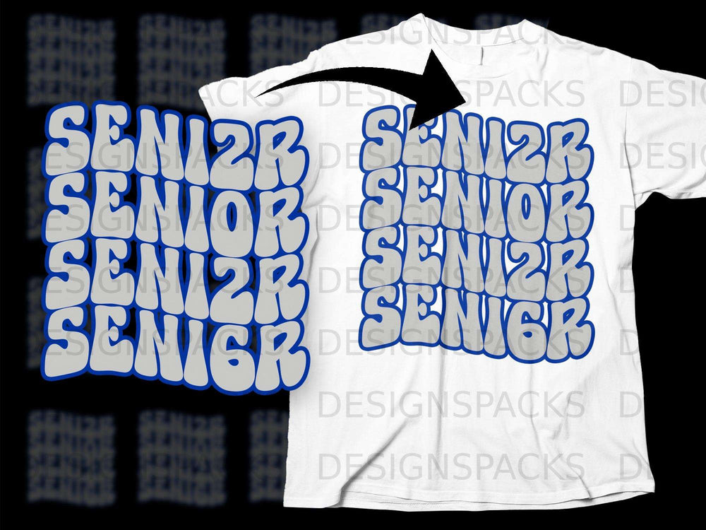 White t-shirt with "SENIOR" repeated in a blue and gray bubble font.