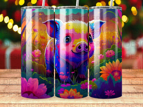 Colorful psychedelic pig with flowers and abstract background.