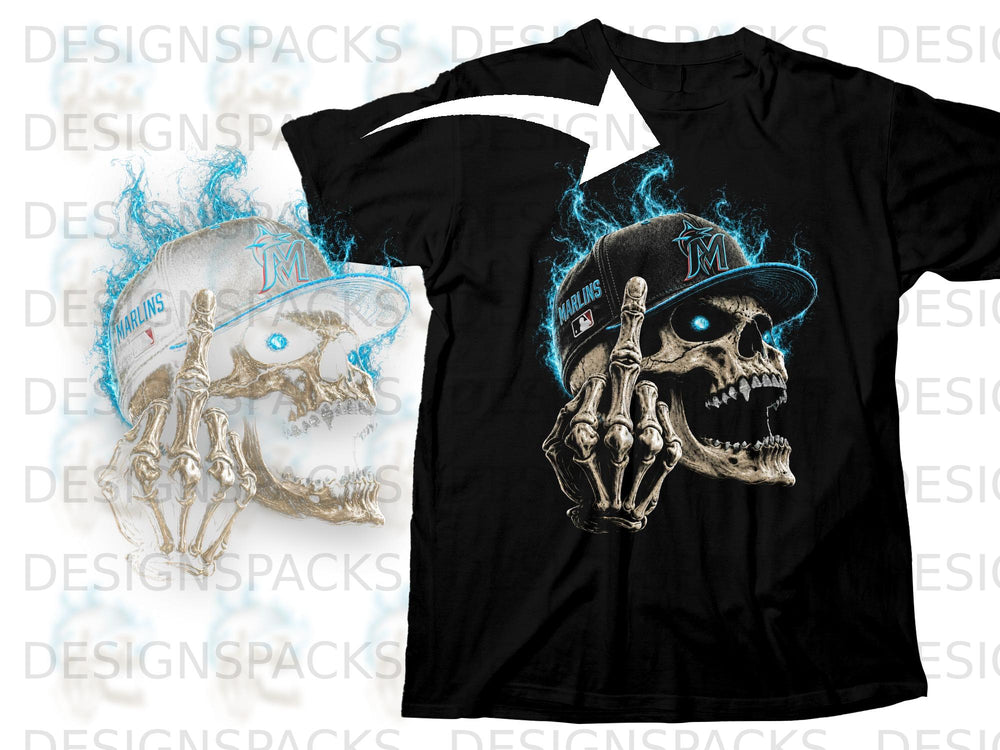 Black t-shirt with a skull wearing a Marlins cap and skeletal hand giving middle finger.
