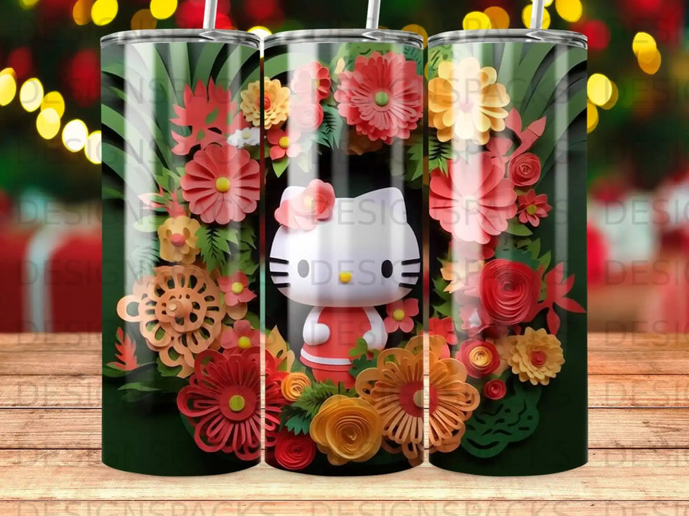 Hello Kitty surrounded by colorful paper flowers and leaves.