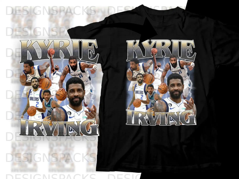 Kyrie Irving basketball player graphic t-shirt with "KYRIE IRVING" text.