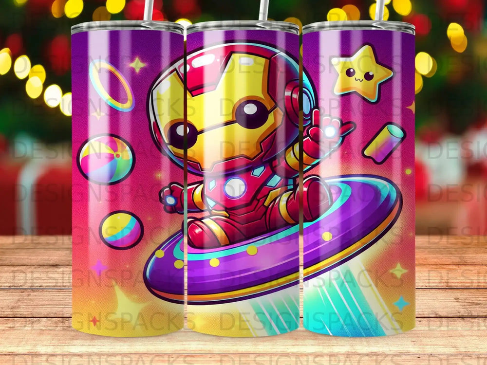 Iron Man character in a UFO with stars, bright colors, and yellow lights.