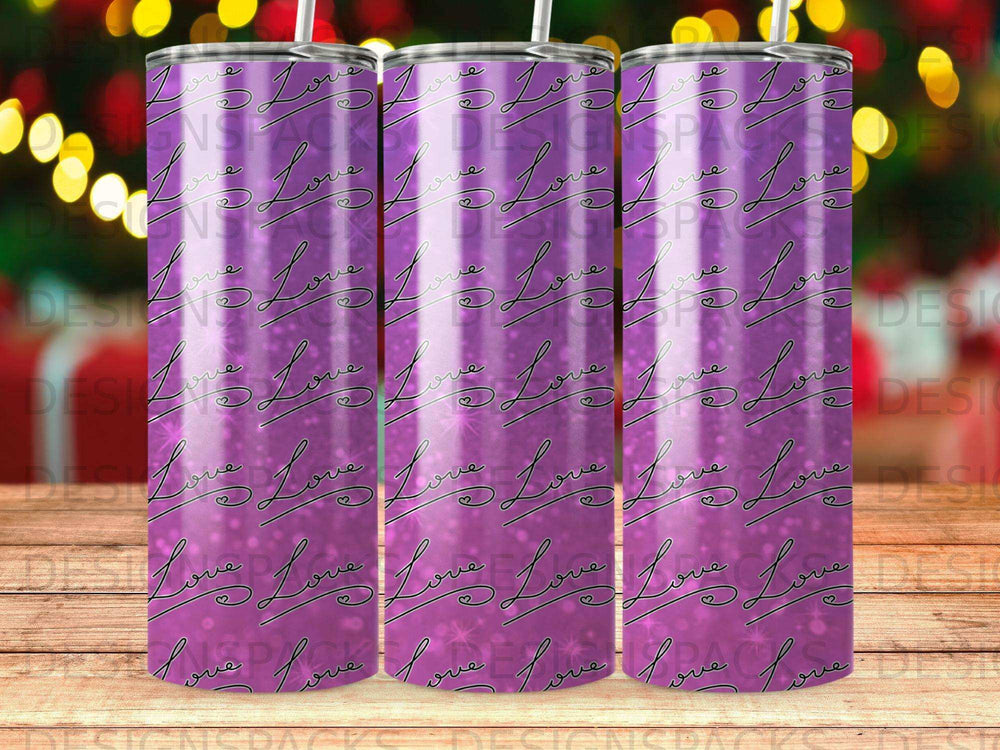 Purple tumbler with repeating "Love" pattern and glitter effect.
