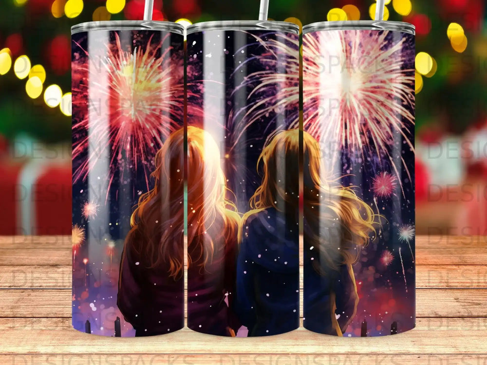 Two women watch colorful fireworks over a city at night.