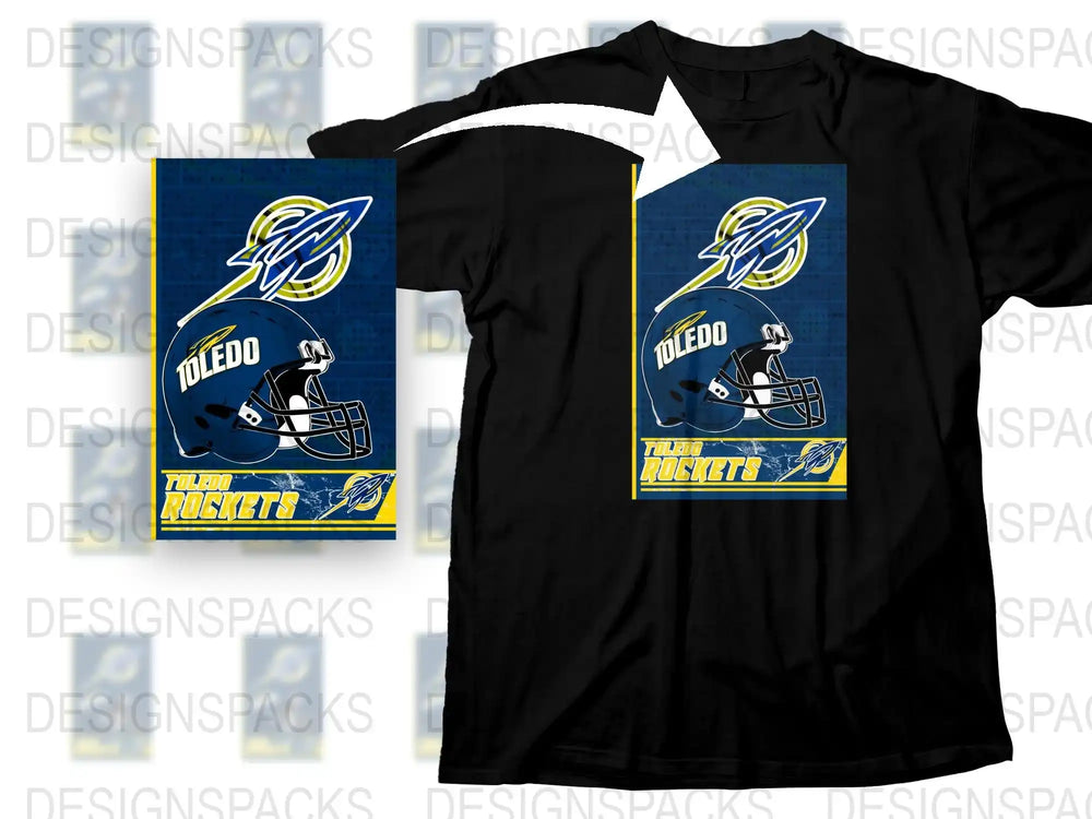 Toledo Rockets Football Helmet Graphic T-Shirt, Sports Fan Apparel, College Team Shirt, Blue and Gold