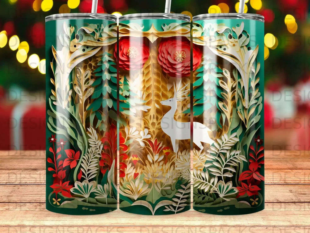 Green forest scene with deer, red flowers, and gold accents on three tumblers.