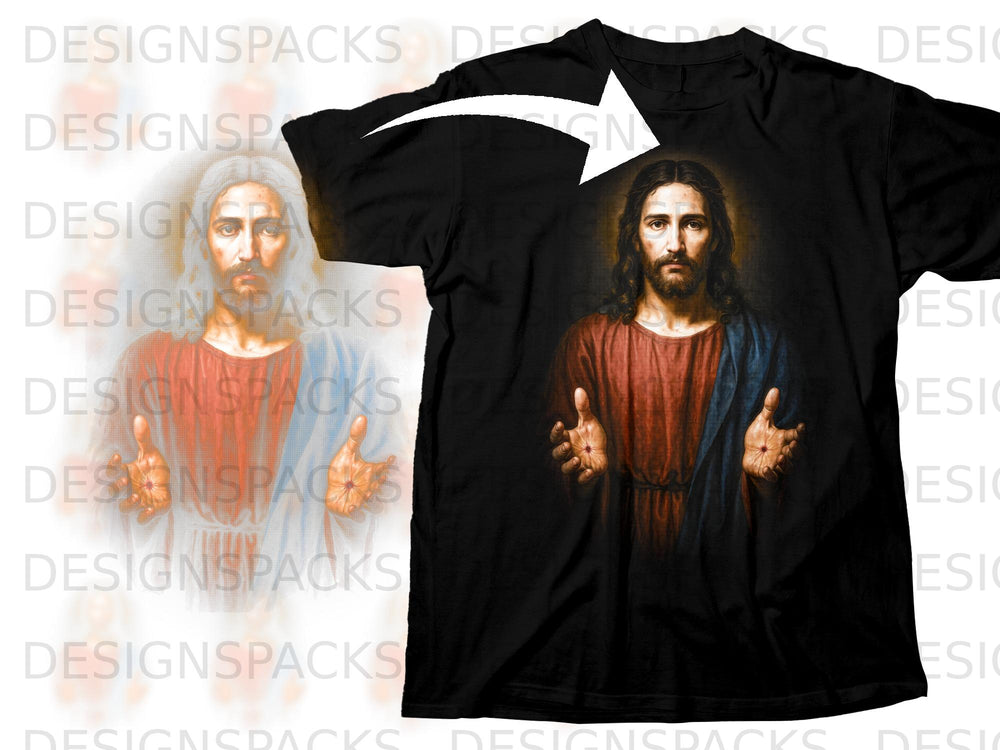 Black t-shirt featuring a religious depiction of Jesus with outstretched hands.