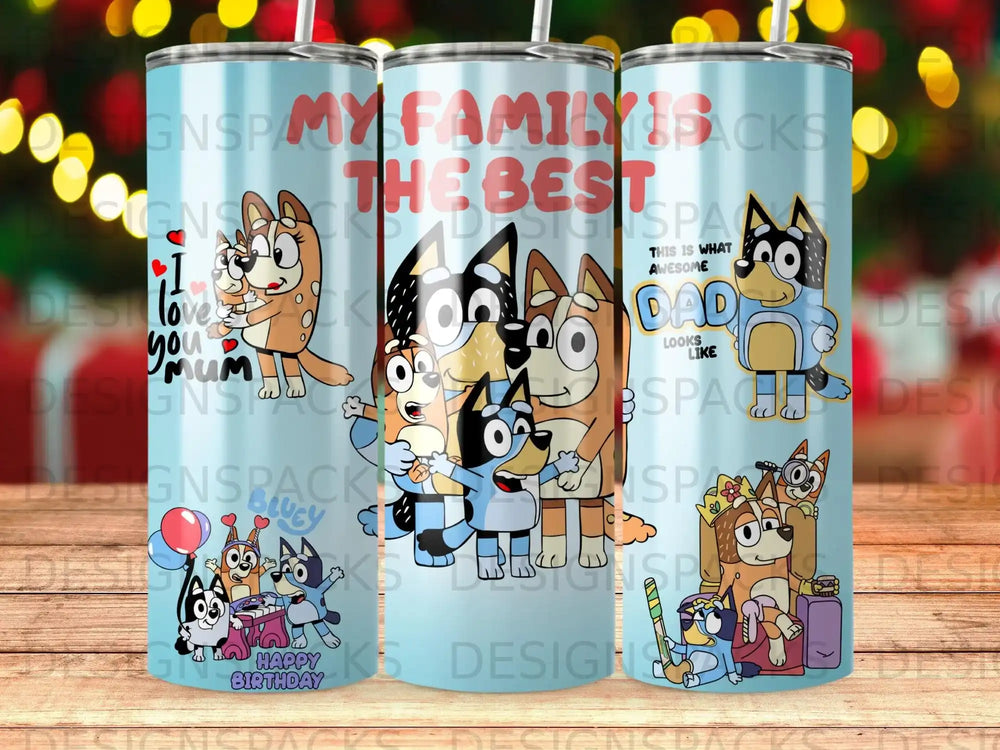 Bluey family with "The Best" and "Dad" text, on a blue background.