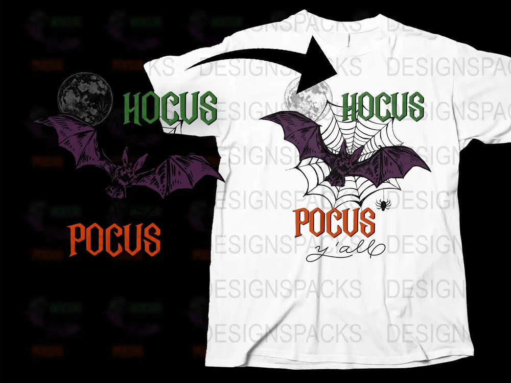 Hocus Pocus Halloween T-Shirt, Spooky Bat and Moon Graphic Tee, Witchy Holiday Apparel for Adults and Kids