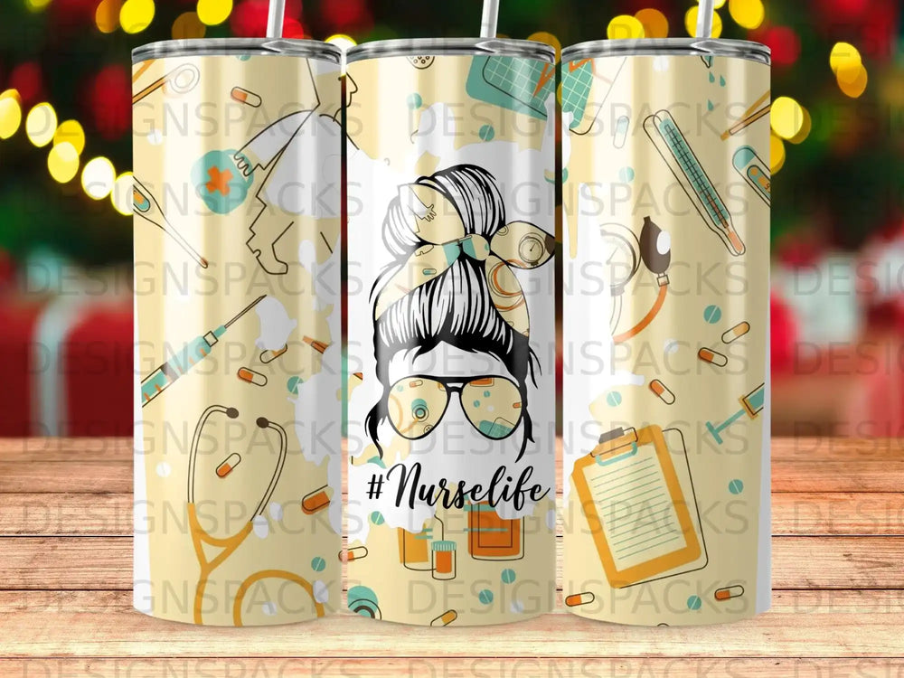 Tumbler with #Nurselife slogan and medical illustrations.