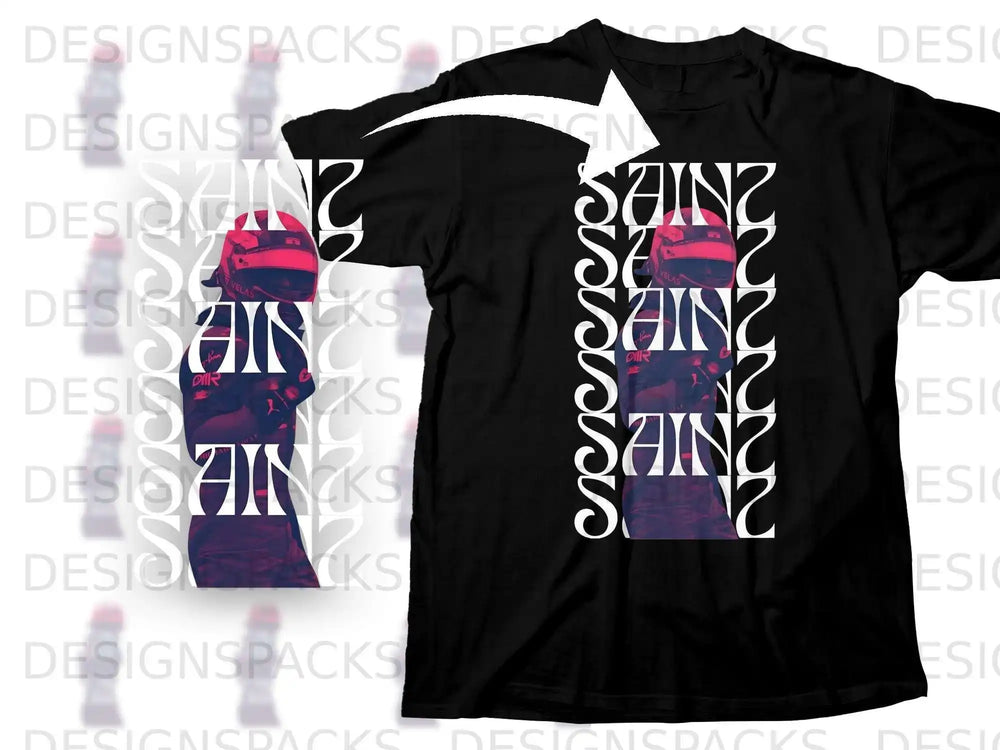 Black t-shirt with a vertical graphic featuring "SAINZ" and a driver's helmet.