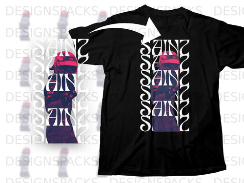 Black t-shirt with a vertical graphic featuring 
