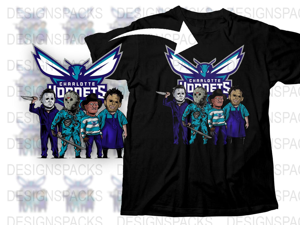 Charlotte Hornets Themed T-Shirt, NBA Fan Gear, Zombie Cartoon Players Graphic Tee