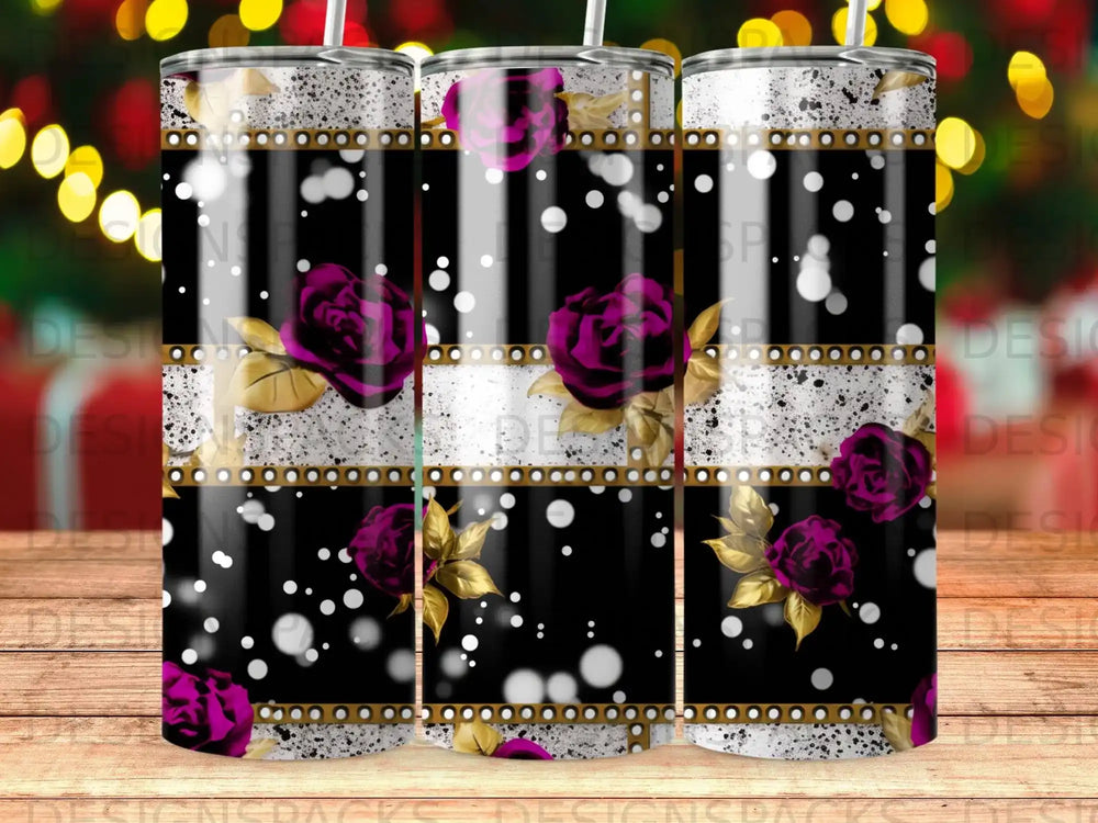 Black and white striped tumbler with purple roses and gold leaves.