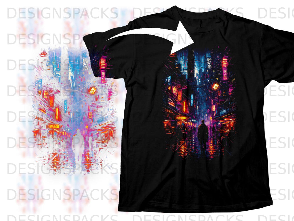 Black t-shirt with a neon cyberpunk city scene and silhouette of a person.