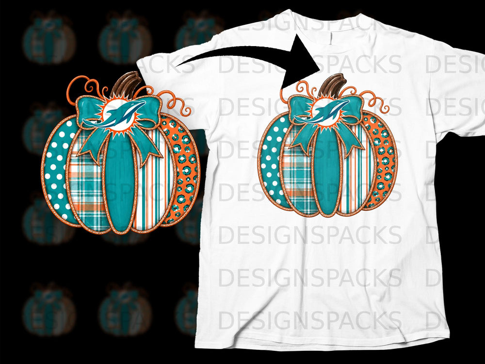Miami Dolphins pumpkin with plaid and polka dot patterns on a white t-shirt.