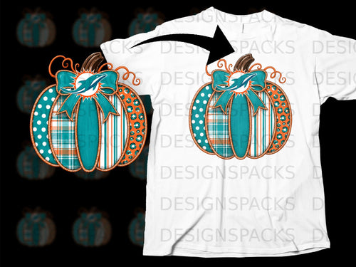 Miami Dolphins pumpkin with plaid and polka dot patterns on a white t-shirt.