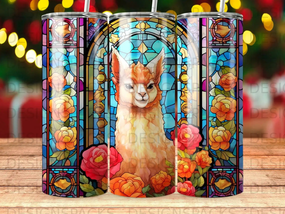 Stained glass llama with roses, warm light.