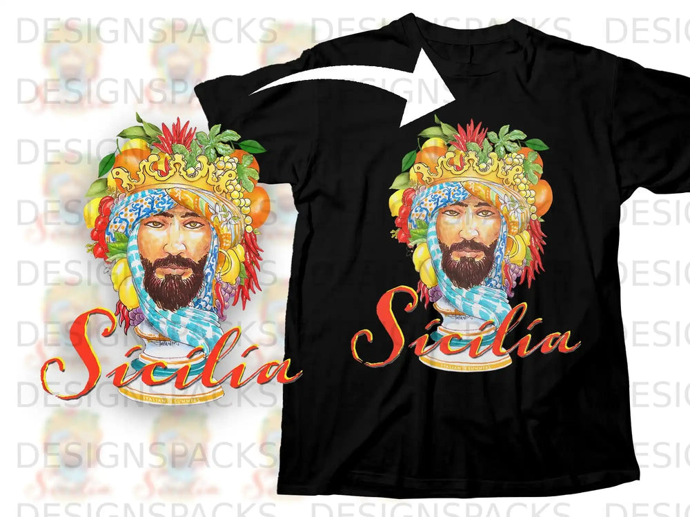 Black t-shirt featuring a vibrant illustration of a man with a crown of fruit.