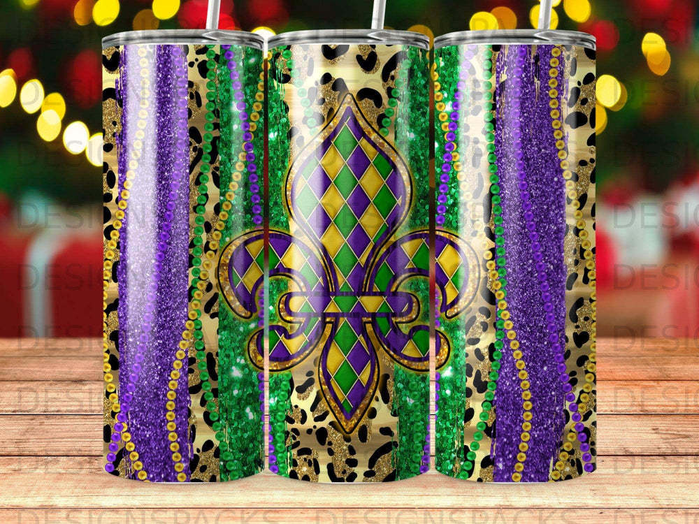 Tumbler with purple, green, and gold Mardi Gras fleur-de-lis design.