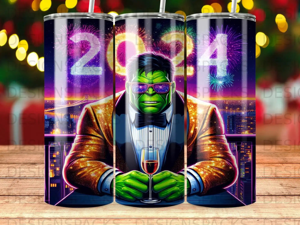 Hulk in a suit holding wine glass with "2024" fireworks.