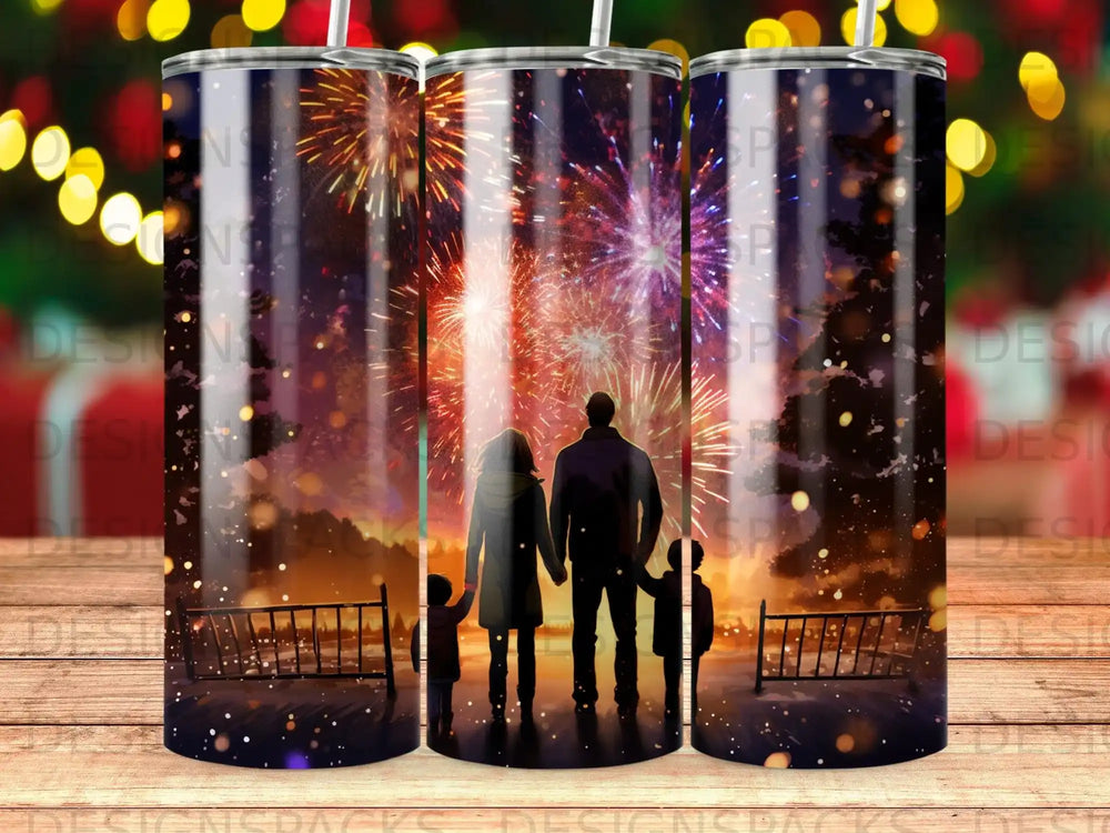 Family silhouetted against a vibrant fireworks display at night.