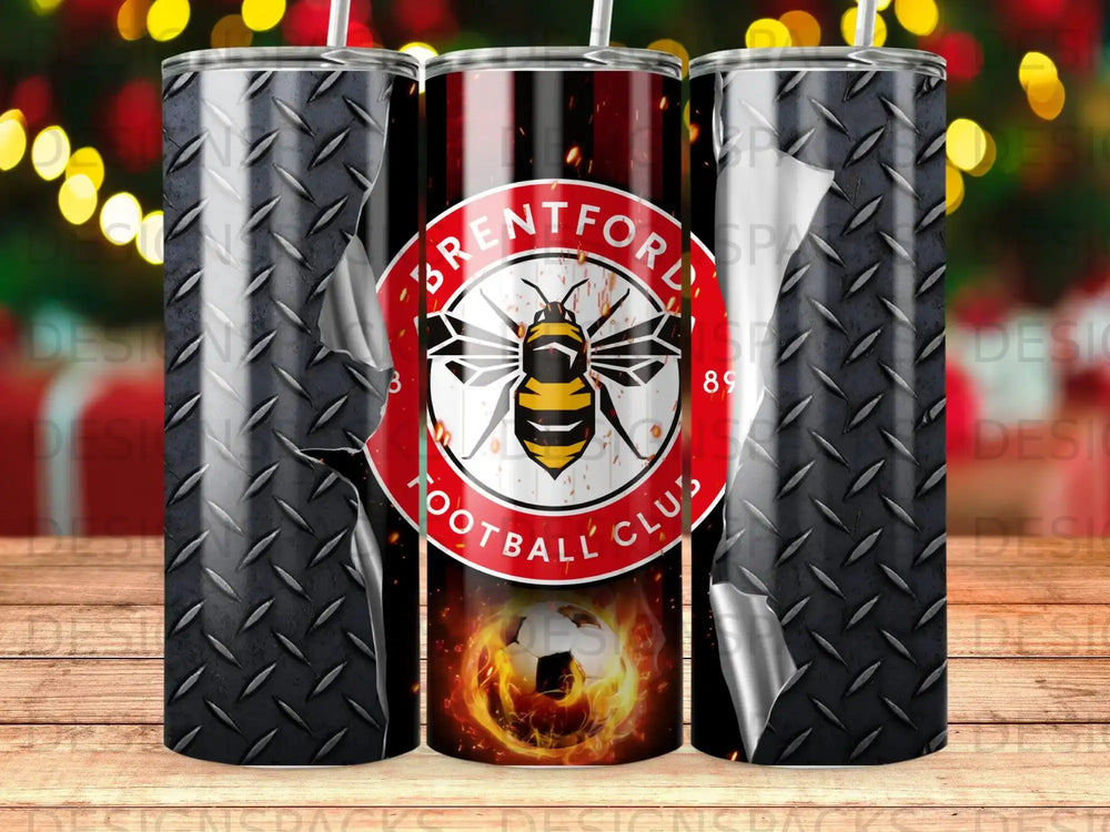 Brentford FC logo on a cracked diamond plate tumbler with flames.