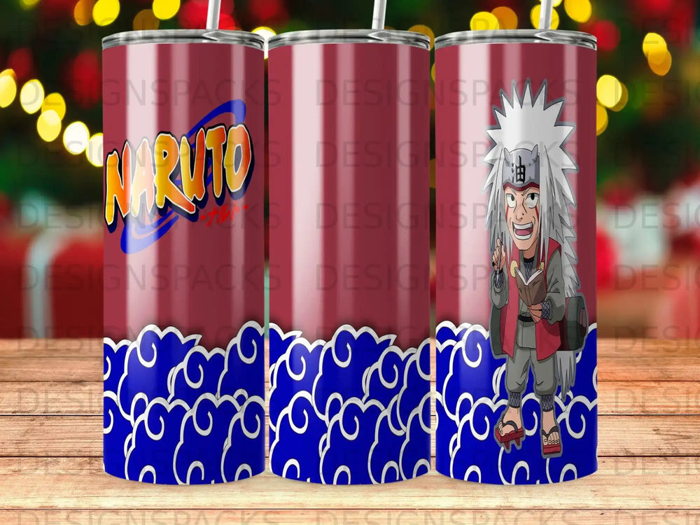 Naruto tumbler featuring Jiraiya character and swirling blue cloud pattern.